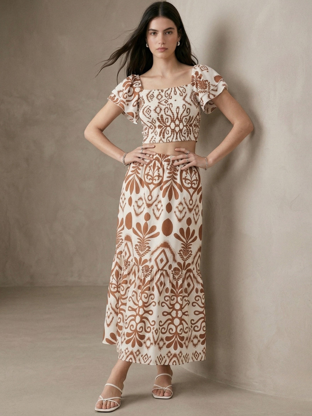 Brown Abstract Printed Top And Skirt Co-Ord Set