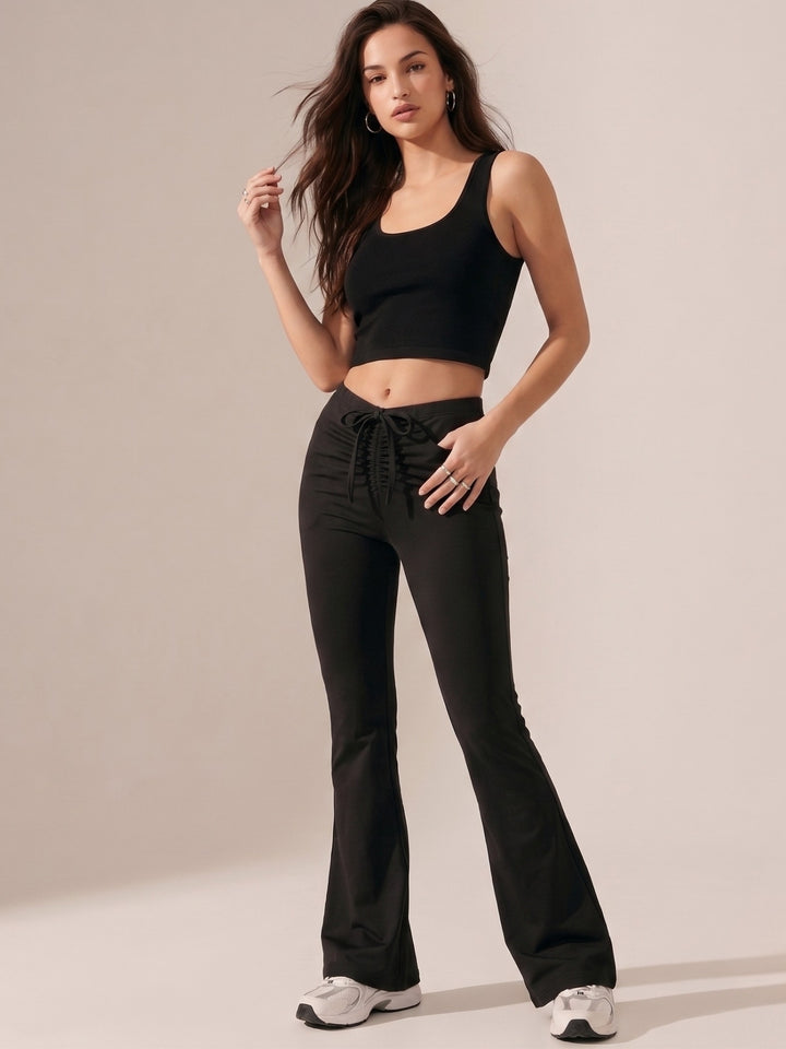 Black Drawstring Ruched Fitted And Flared Joggers