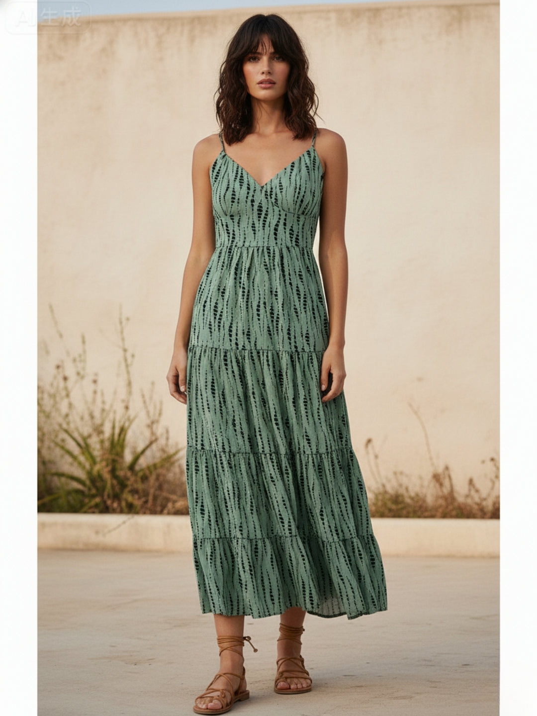 Green Shoulder Strap Back Bow Tiered Dress