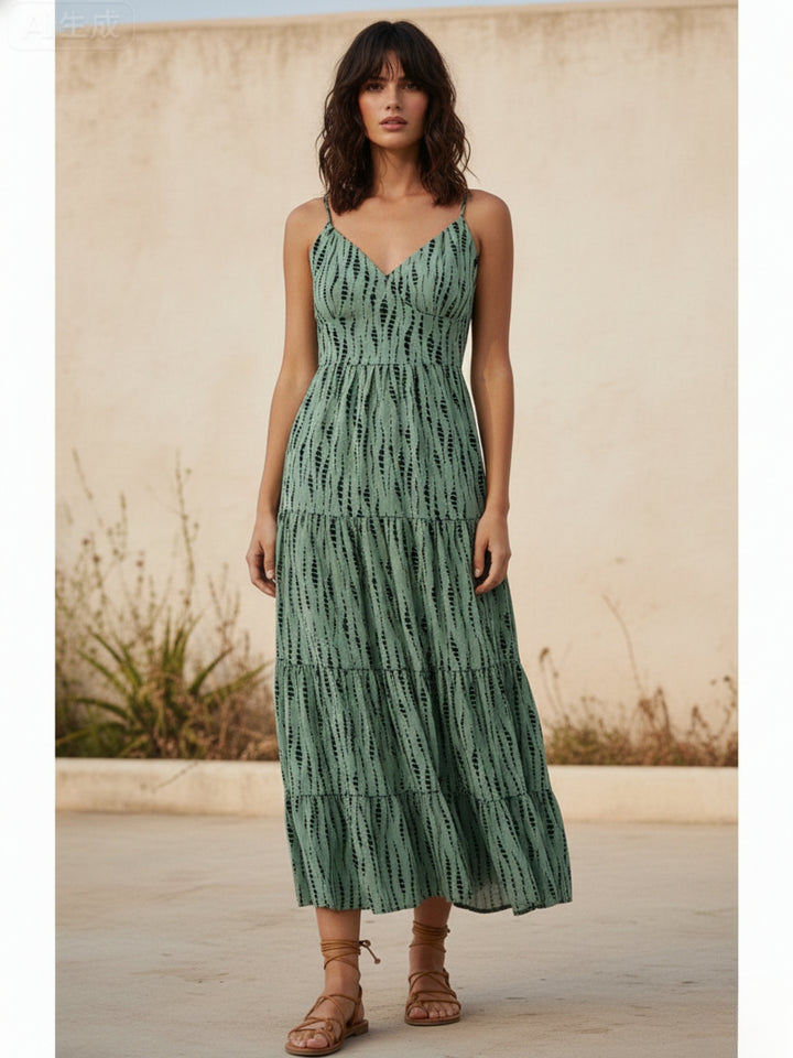 Green Shoulder Strap Back Bow Tiered Dress
