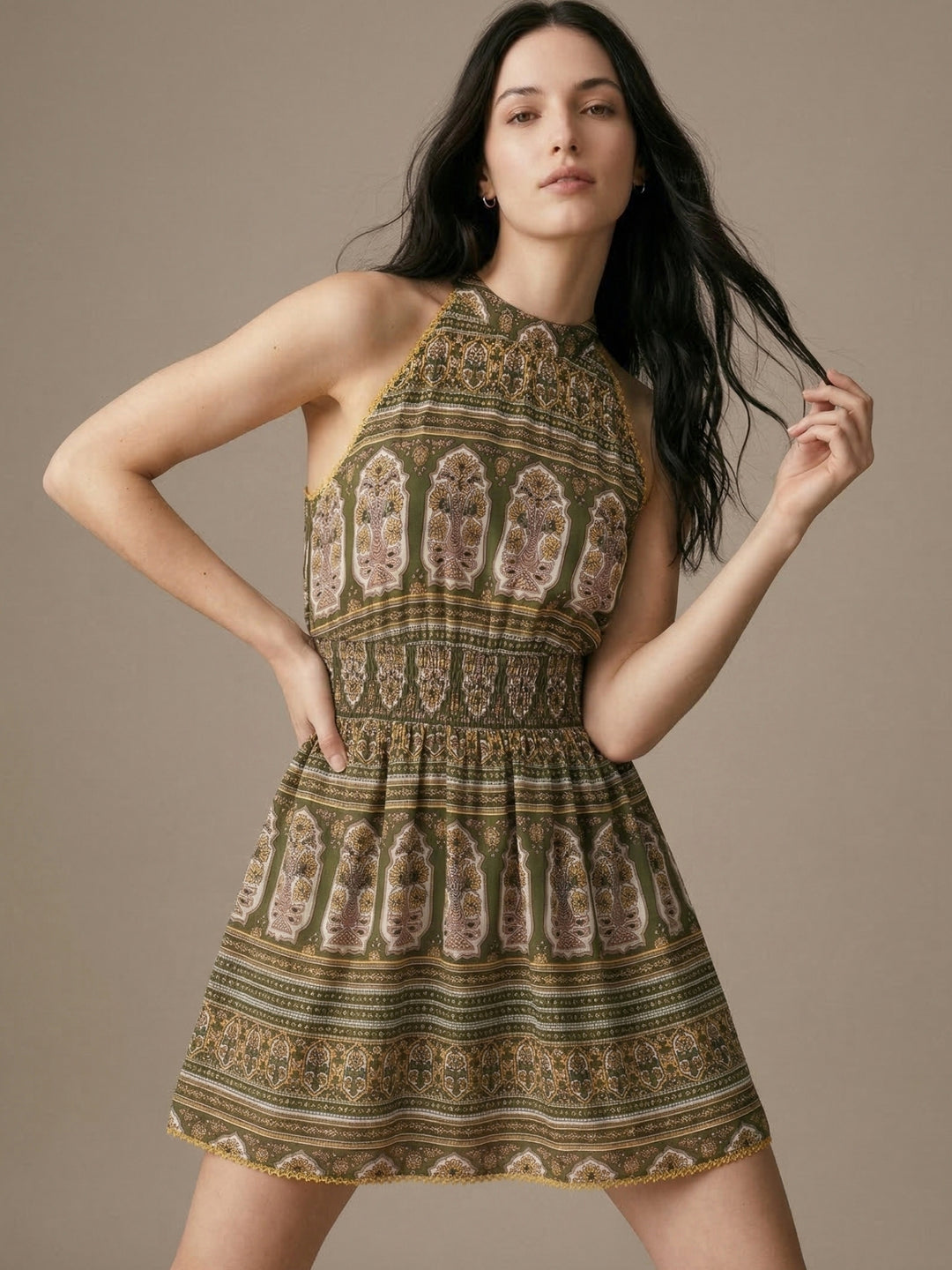 Green Sleeveless Printed Halter Mini Dress