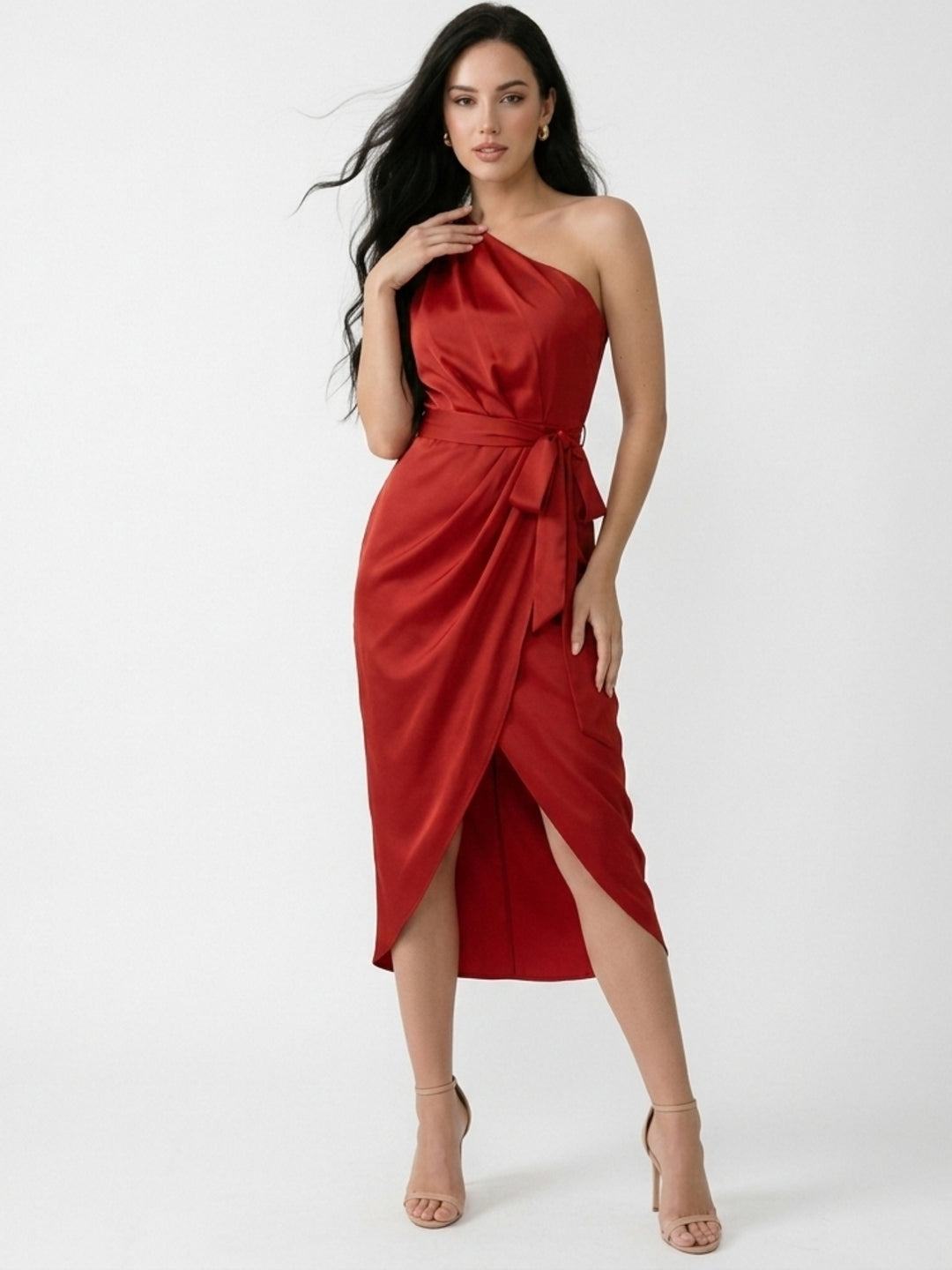 Red One Shoulder Wrap Midi Dress
