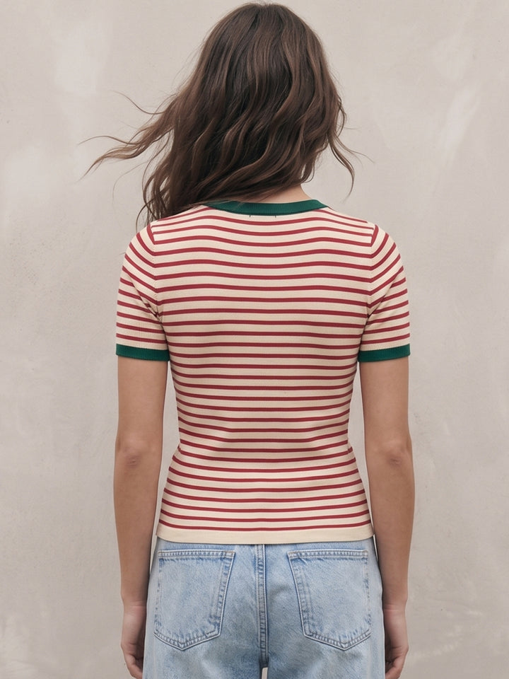 Red Contrast Hem Striped Top