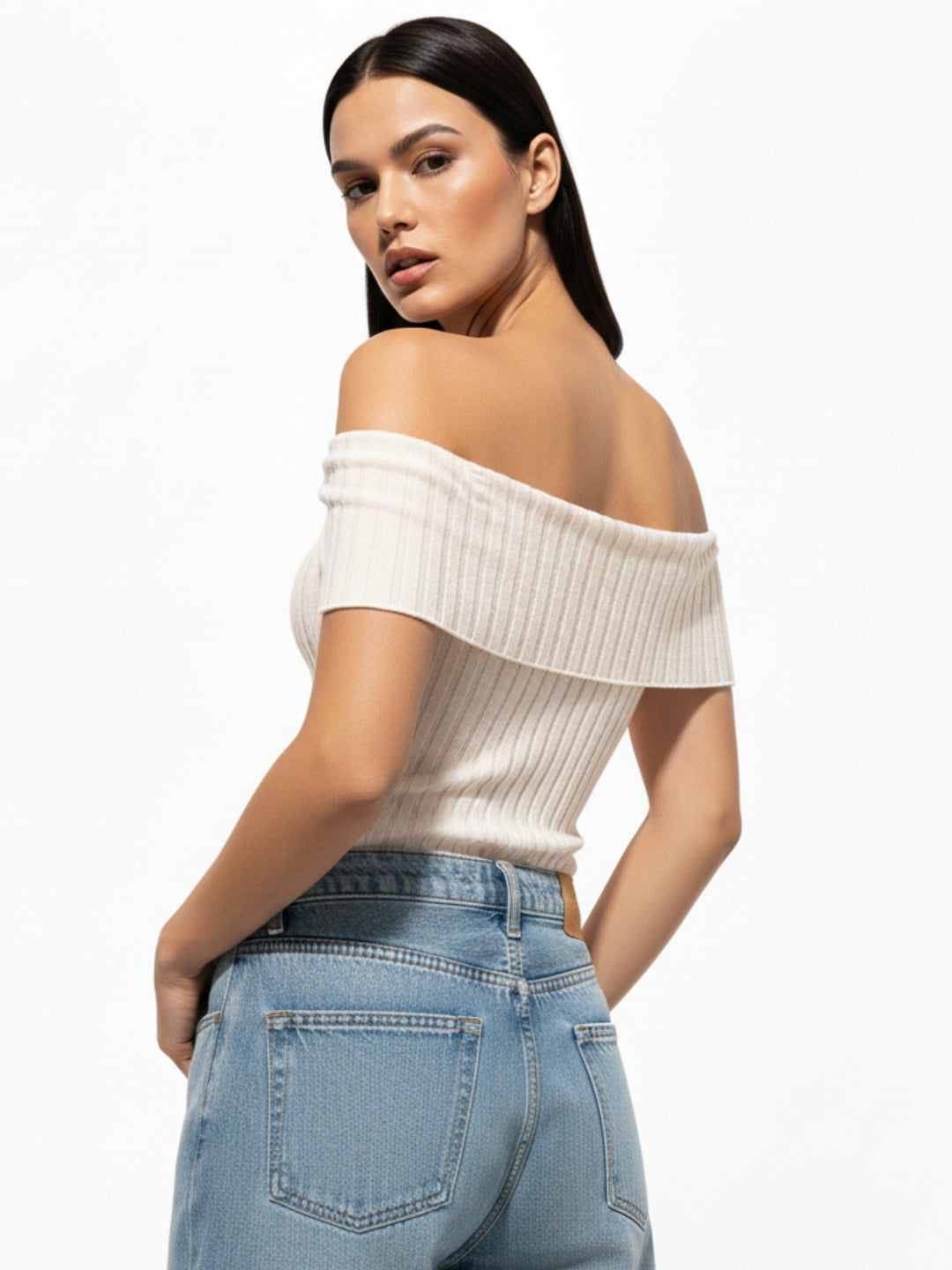 Beige Off Shoulder Asymmetrical Hem Top