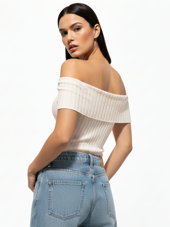 Beige Off Shoulder Asymmetrical Hem Top