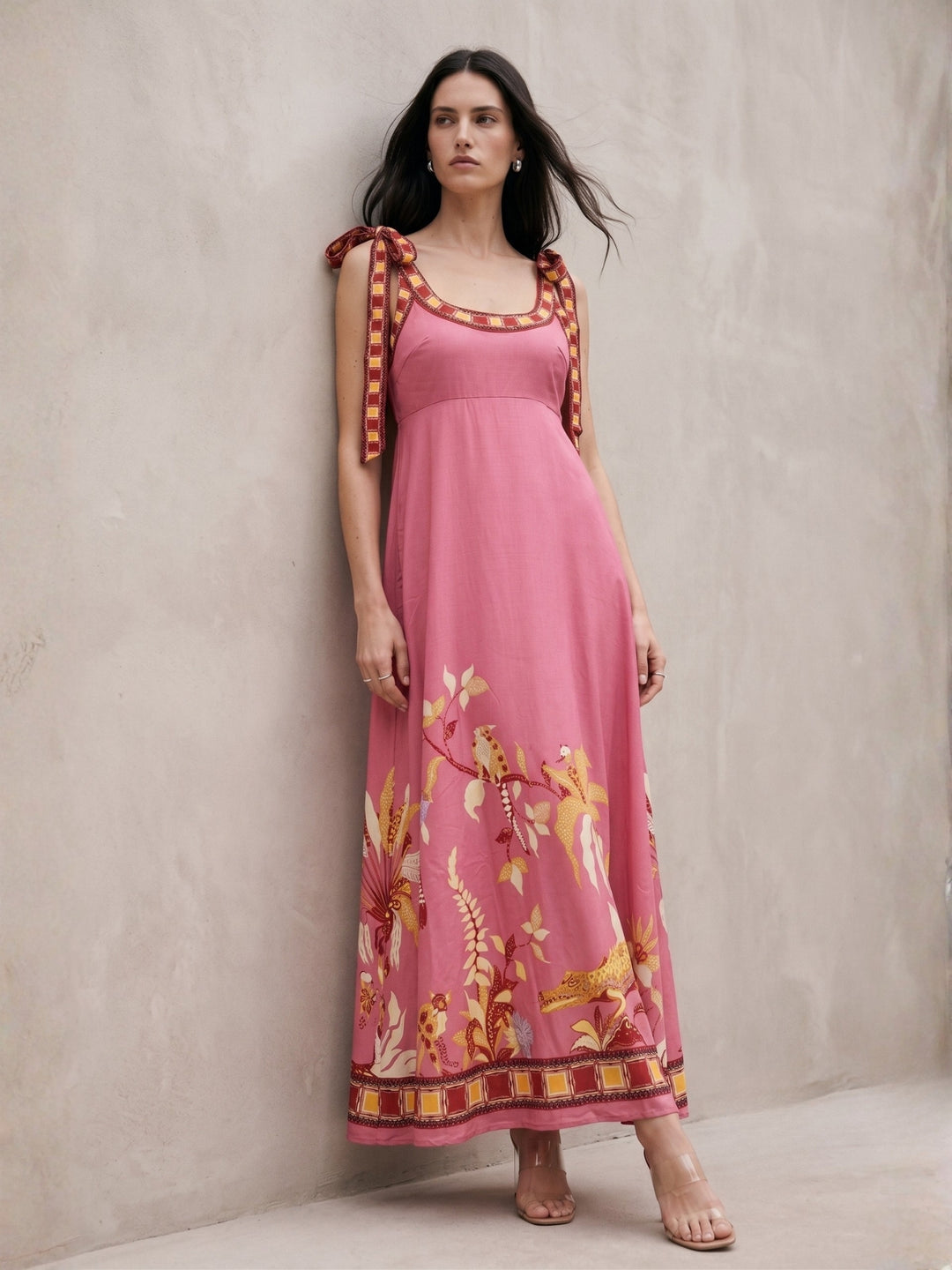 Pink Shoulder Tie-Up Printed Dress