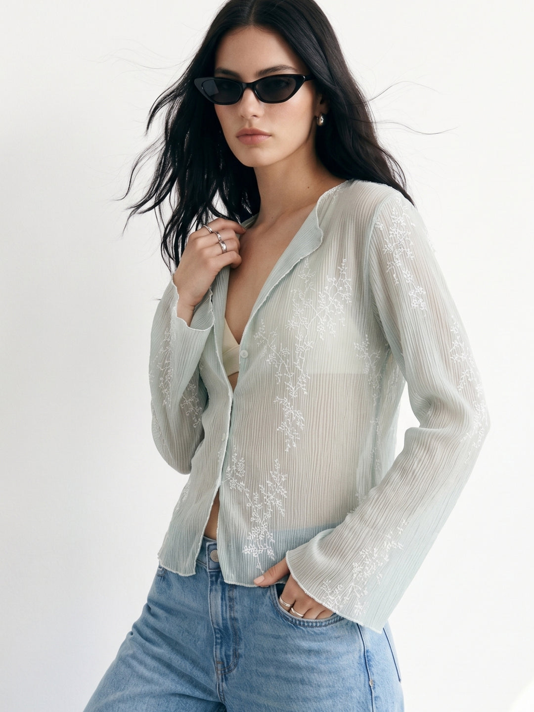 Mint Sheer Floral Lace Shirt