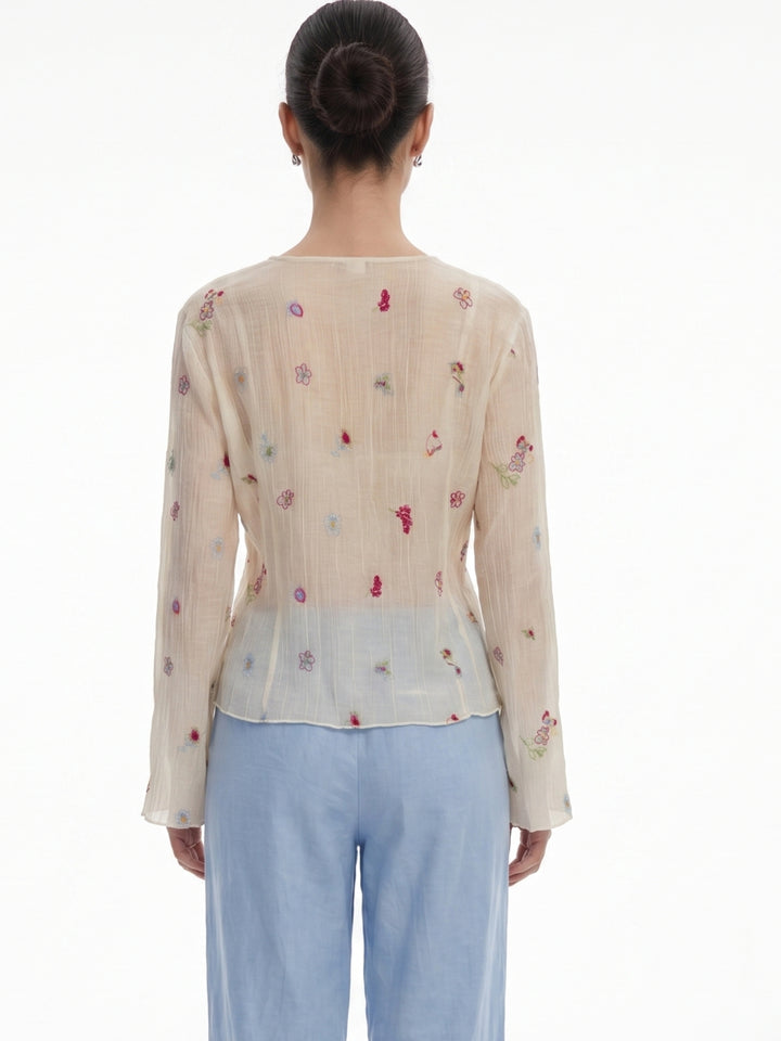 Off White Full Sleeve Front Buttoned Printed Top