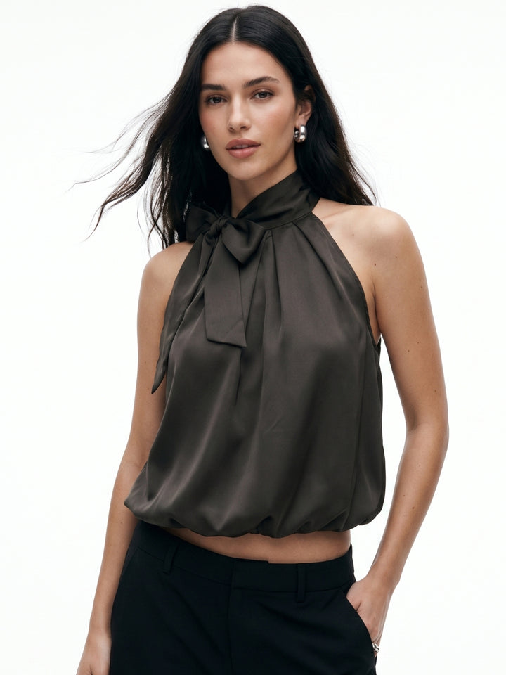 Charcoal Neck Tie-Up Bubble Hem Top