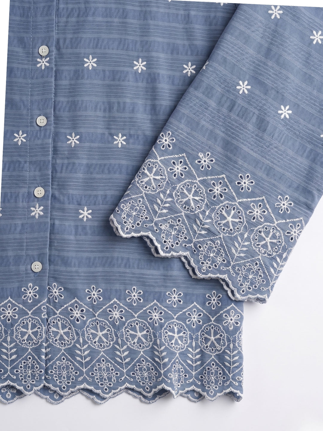Blue Cotton Schiffli Embroidered Scalloped Shirt