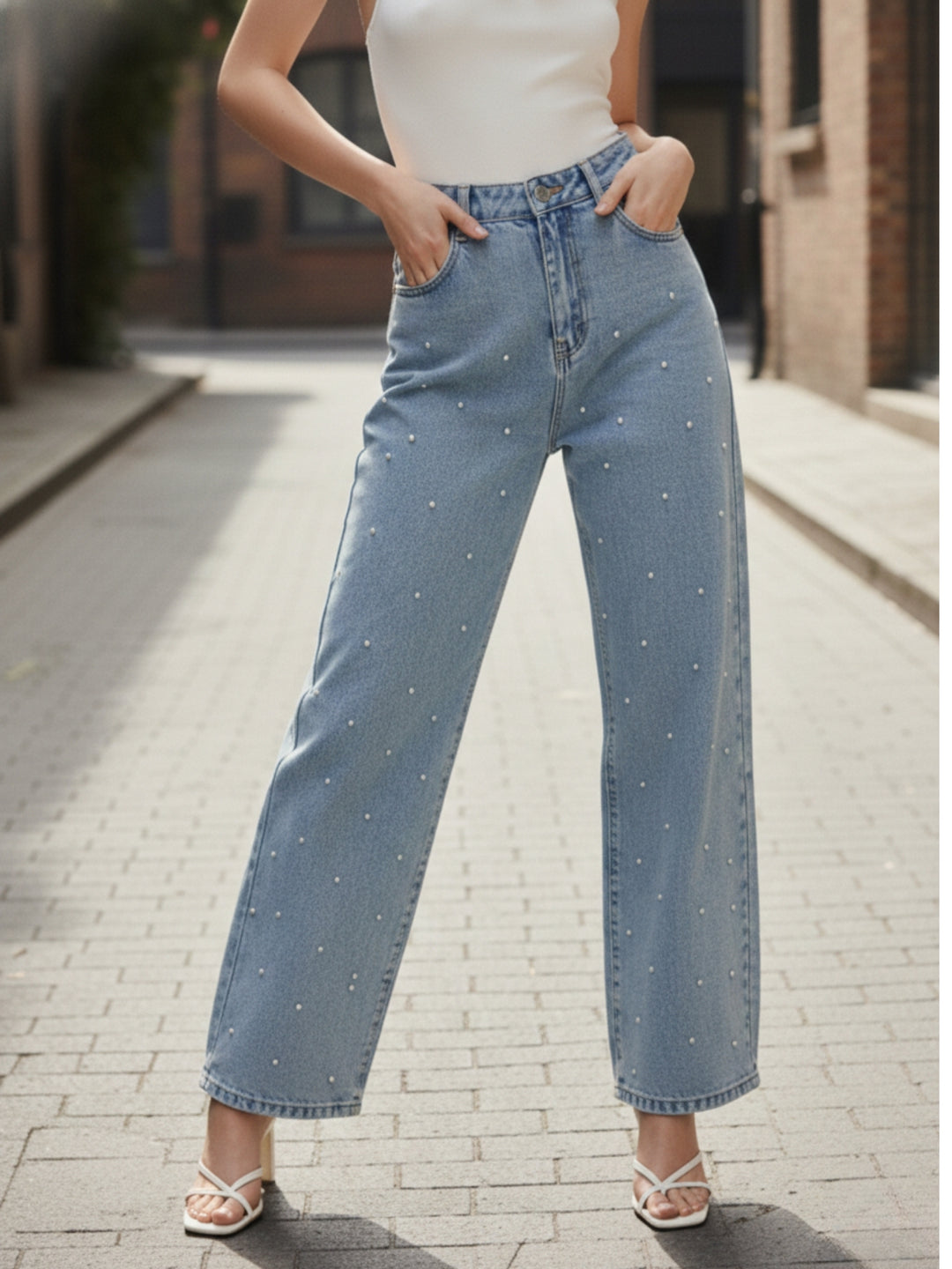 Light Blue Embellished Wide Leg Denim Jeans