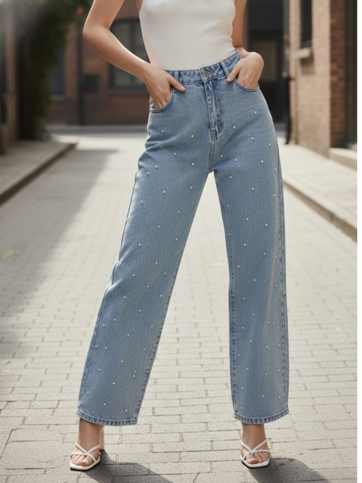 Light Blue Embellished Wide Leg Denim Jeans