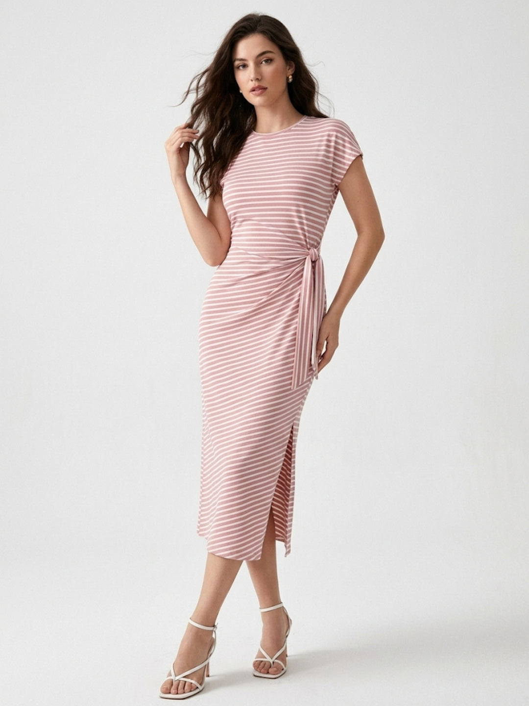 Pink Waist Wrap Striped Dress