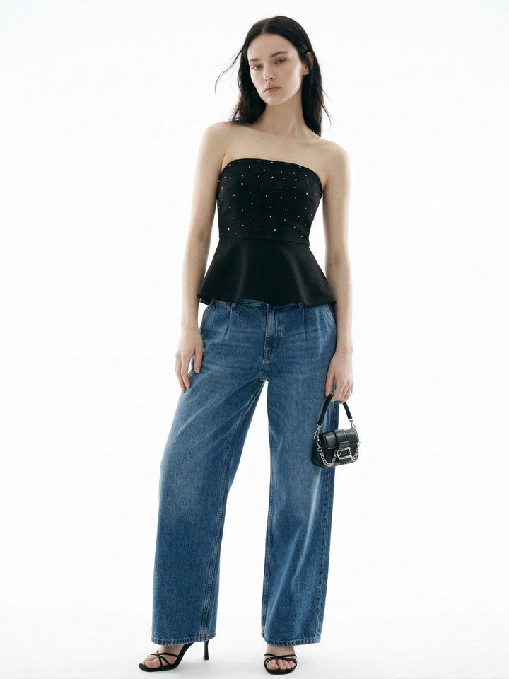 Black Tube Peplum Top With Studs