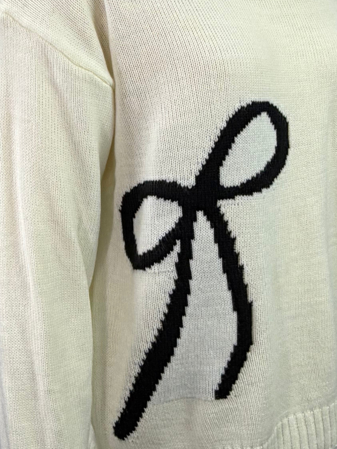 Cream High Neck Sweater With Bow Grpahic