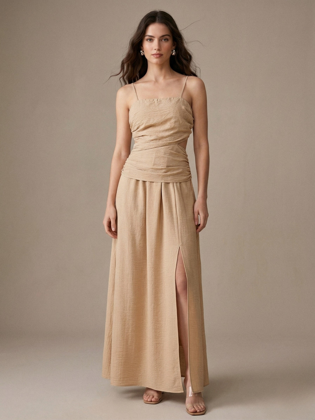 Beige Spaghetti Strap Waist Detail Slit Dress
