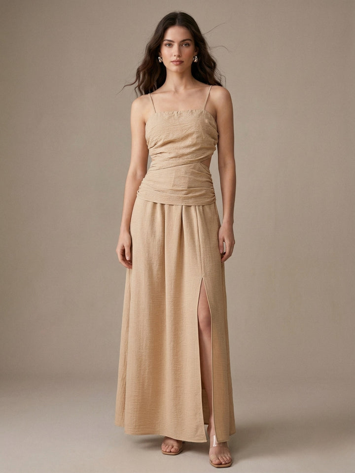 Beige Spaghetti Strap Waist Detail Slit Dress