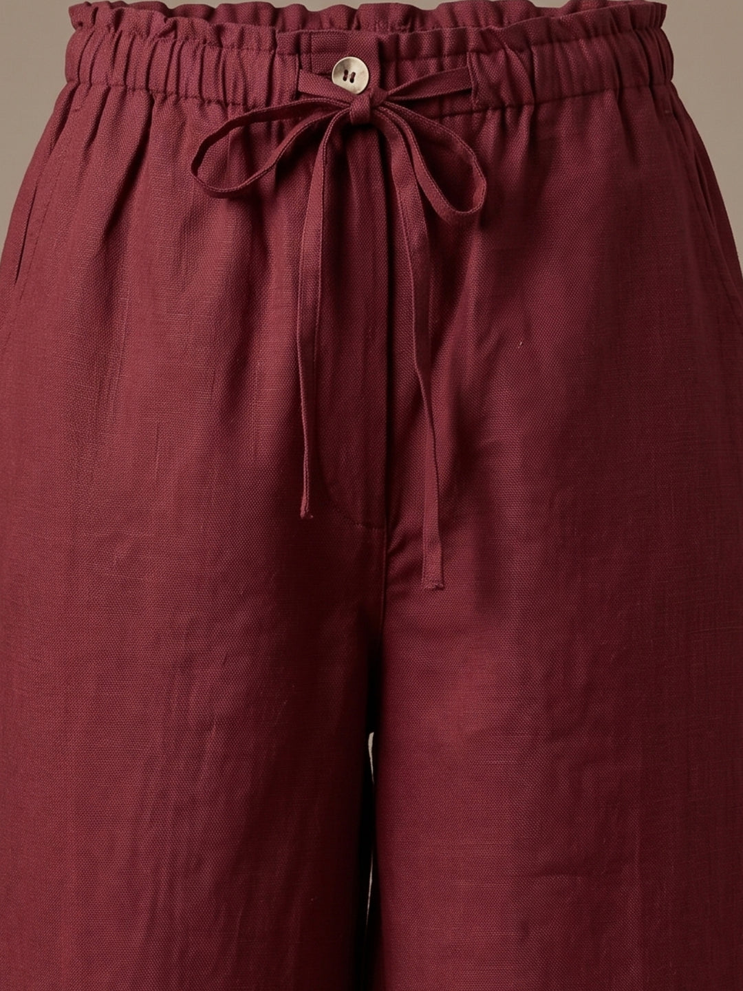 Wine Highwaist Paperbag Wide Leg Trouser With Drawstring Detail