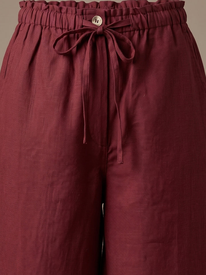 Wine Highwaist Paperbag Wide Leg Trouser With Drawstring Detail