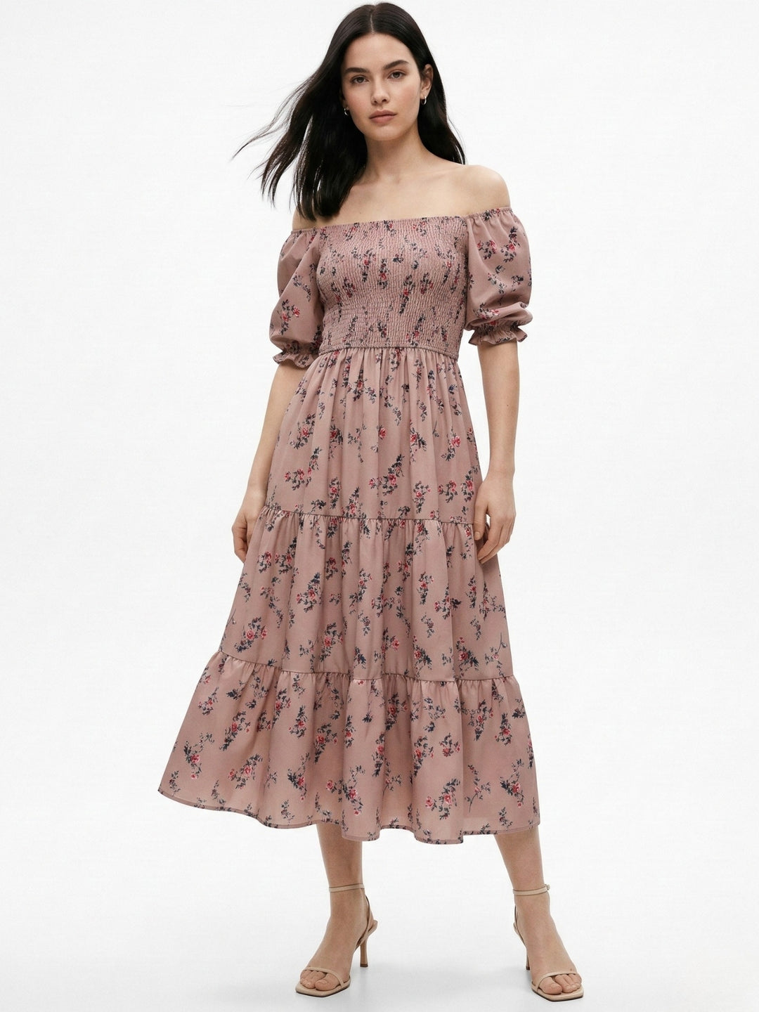 Brown Short Sleeve Square Neck Dress