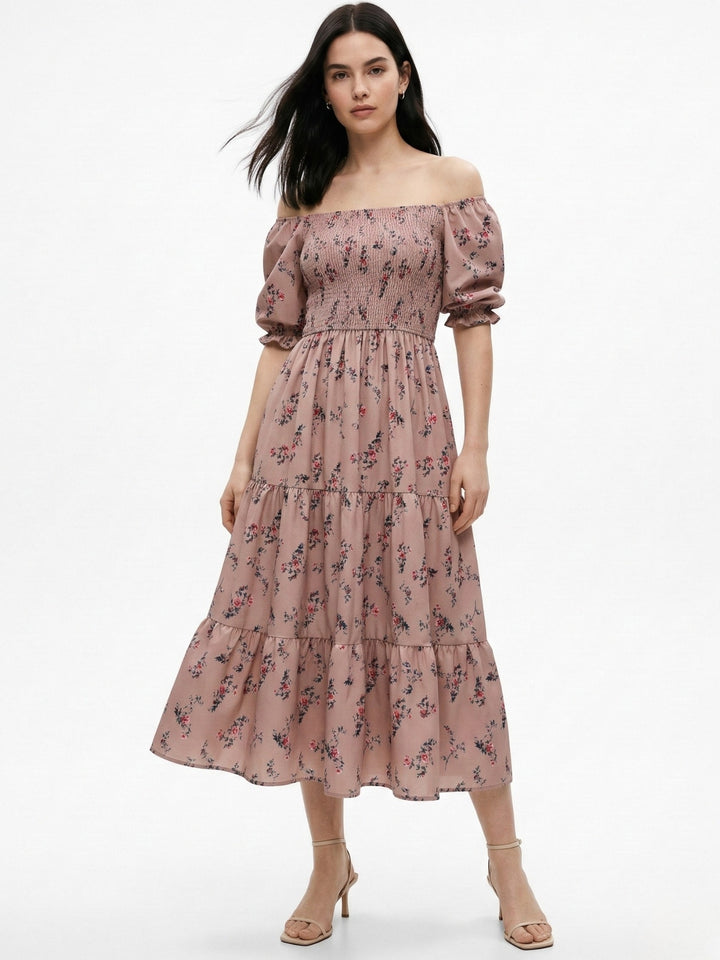 Brown Short Sleeve Square Neck Dress
