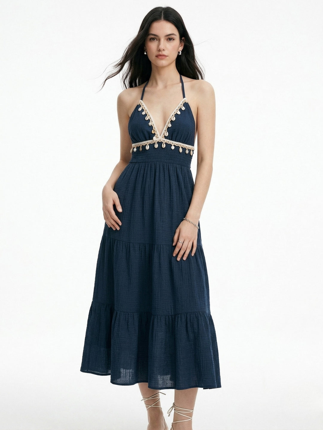 Teal Halter Neck Beaded Tiered Dress
