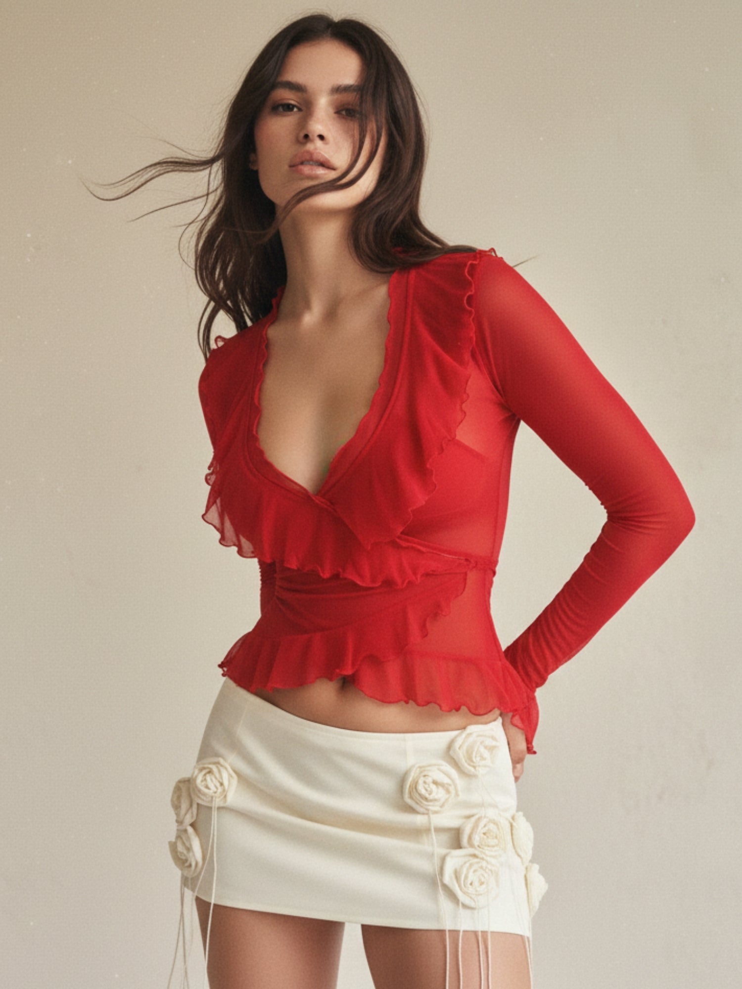 Red Ruffle Detail Full Sleeve Top