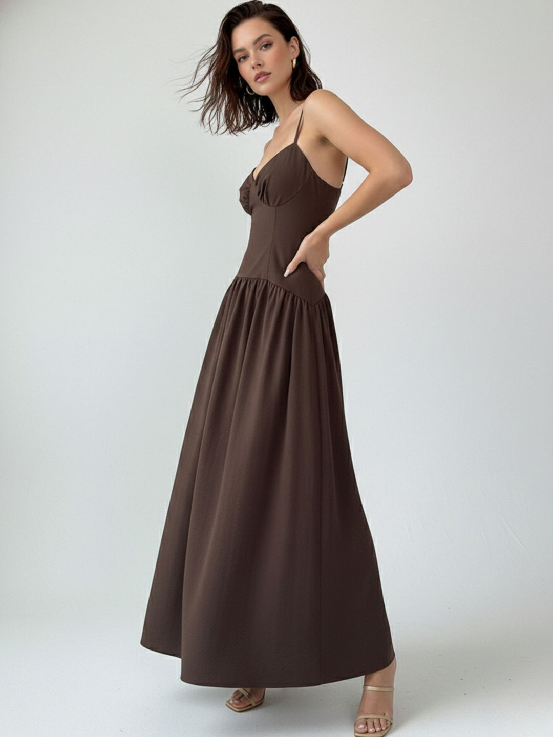 Brown Spaghetti Strap Drop Waist Dress