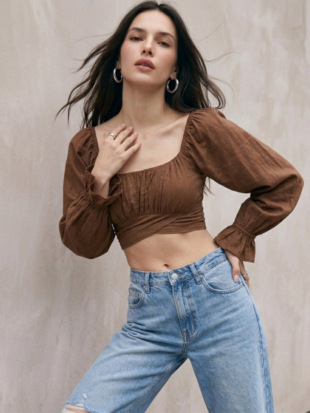 Brown Full Sleeved Square Neck Crop Top