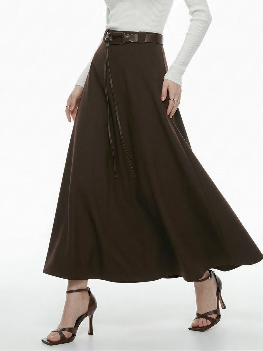 Brown Flouncy Solid Skirt With Belt Detail