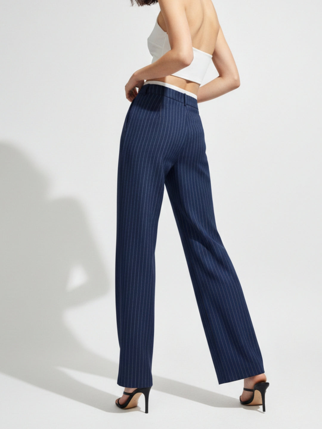 Navy Blue Contrast Waist Striped Wide Leg Pant
