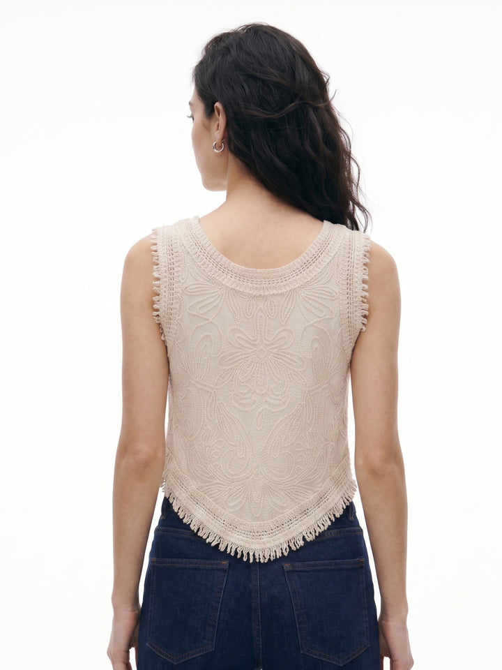 Off White Tassel Edge Cord Embroidered Top