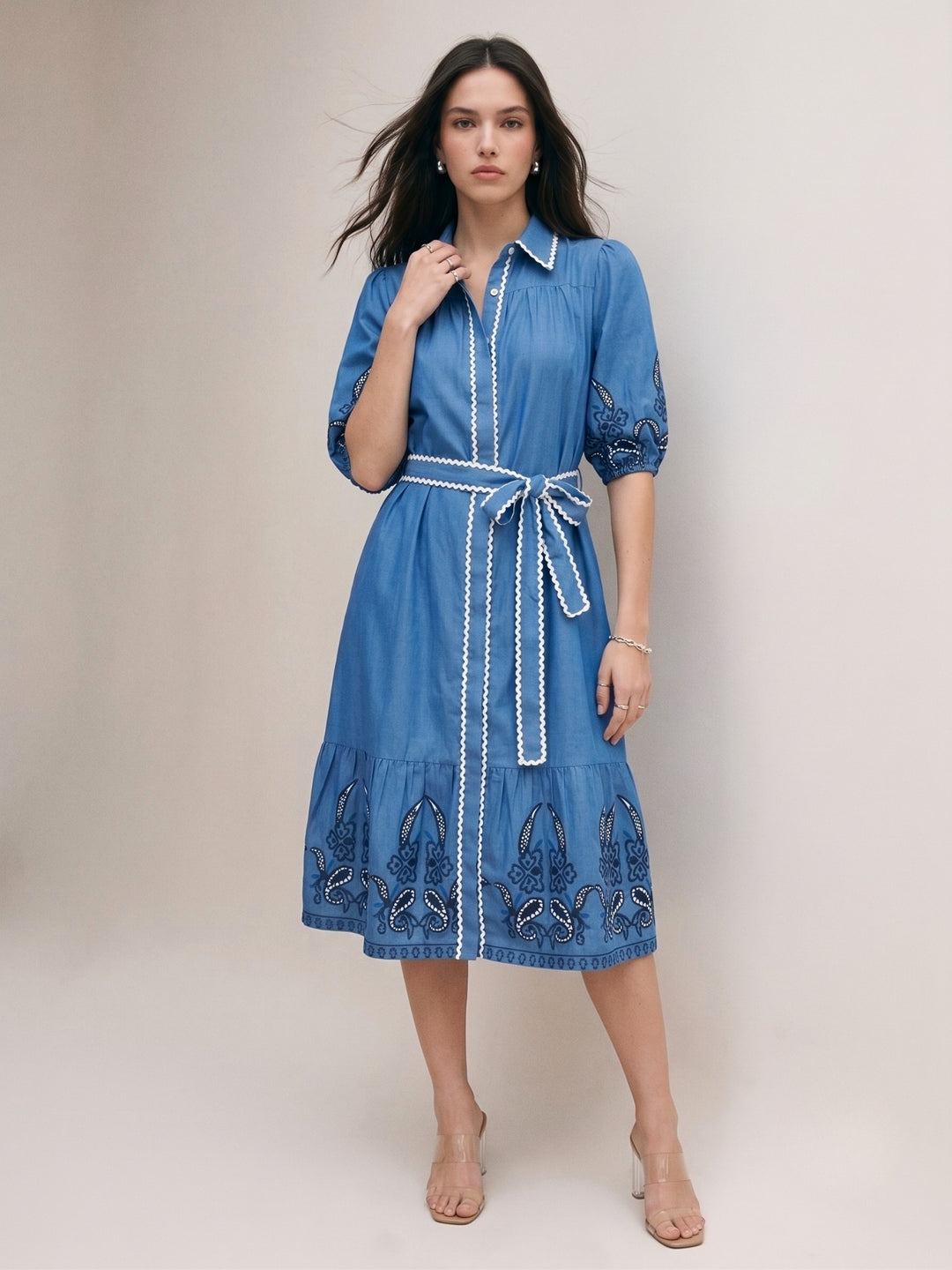 Blue Puff Sleeve Blue Flare Dress