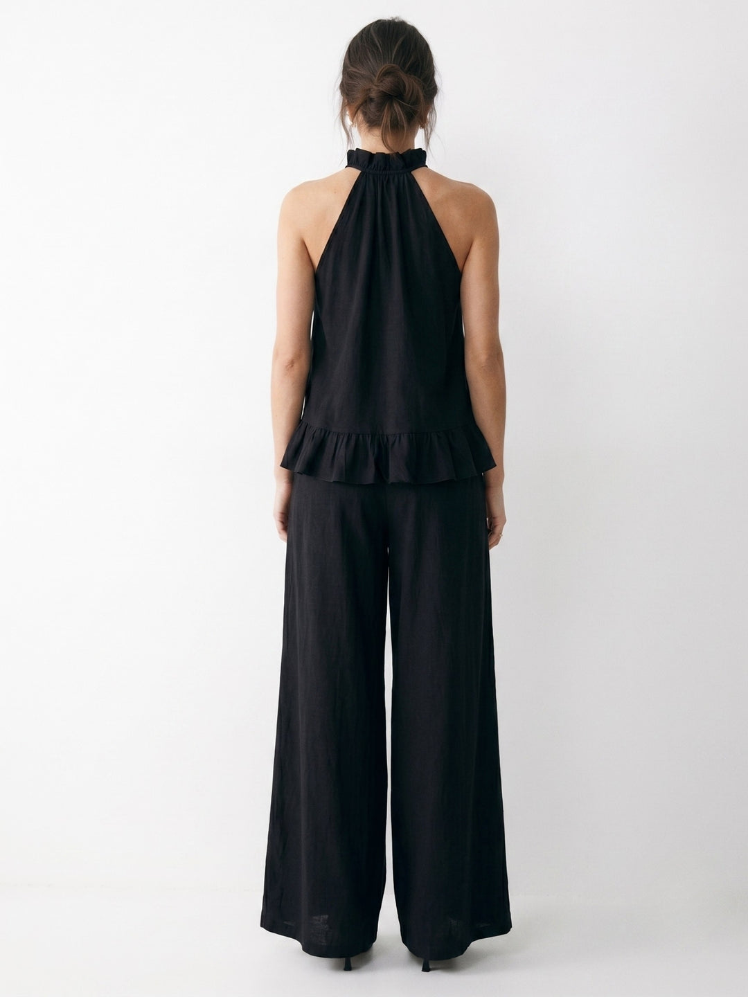 Black Halter Neck Ruffled Hem Top With Trousers