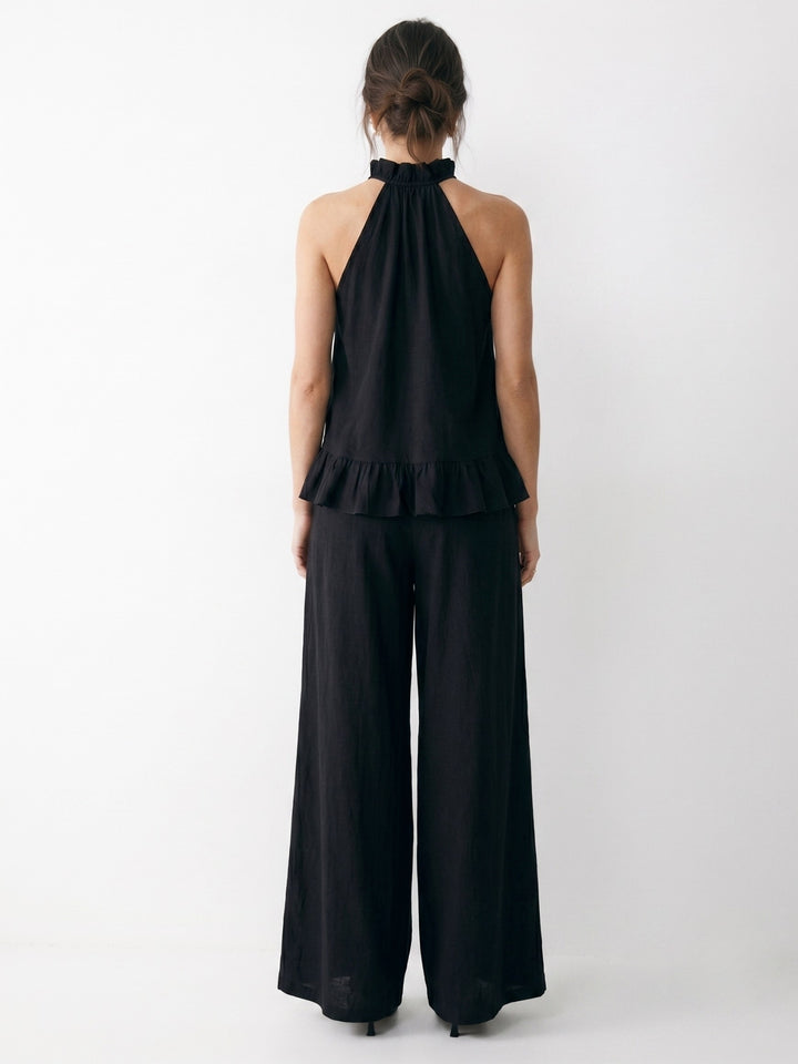 Black Halter Neck Ruffled Hem Top With Trousers