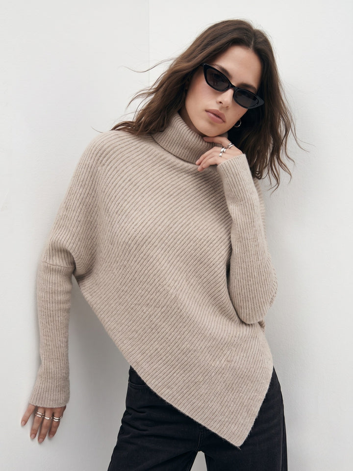 Taupe Full Sleeve Turtle Neck Asymmetrical Hem Sweater
