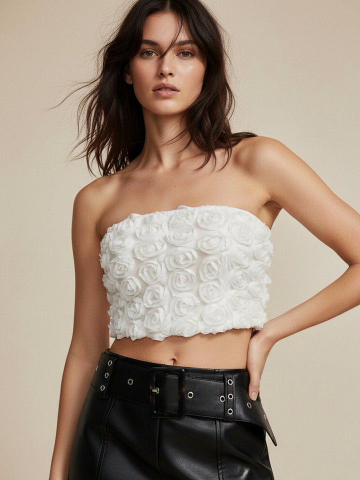 White Floral 3D Trim Top