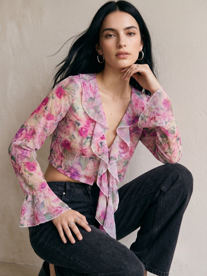 Purple Printed Ruffled Front Tie Up Top With Flared Sleeves