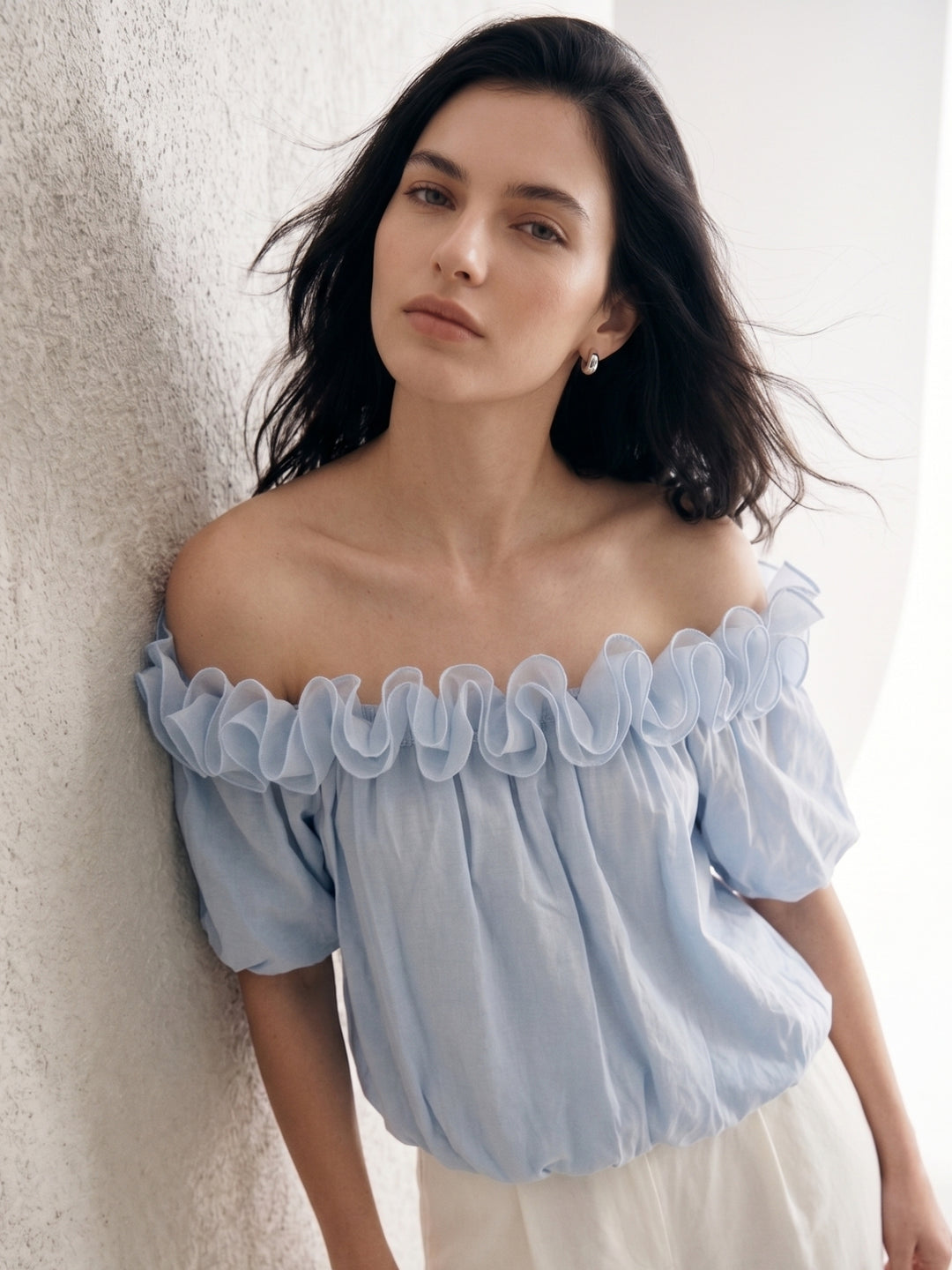 Blue Ruffle Neck Puff Sleeve Top