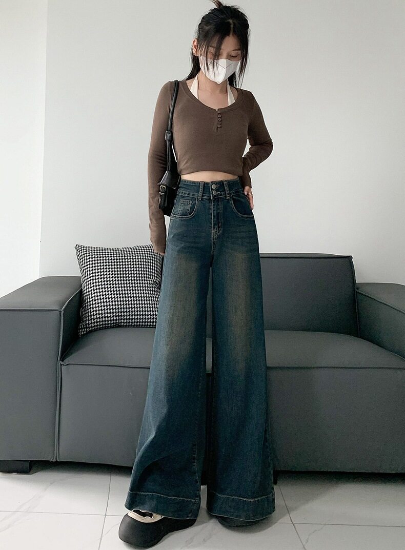 Blue Double Button Flared Denim