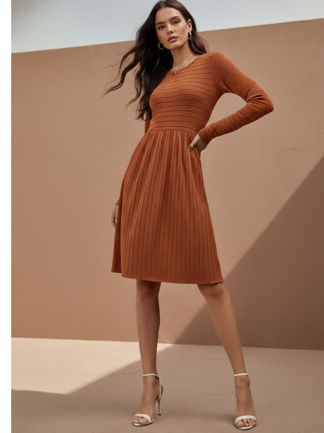 Rust Textured Rib Skater Dress