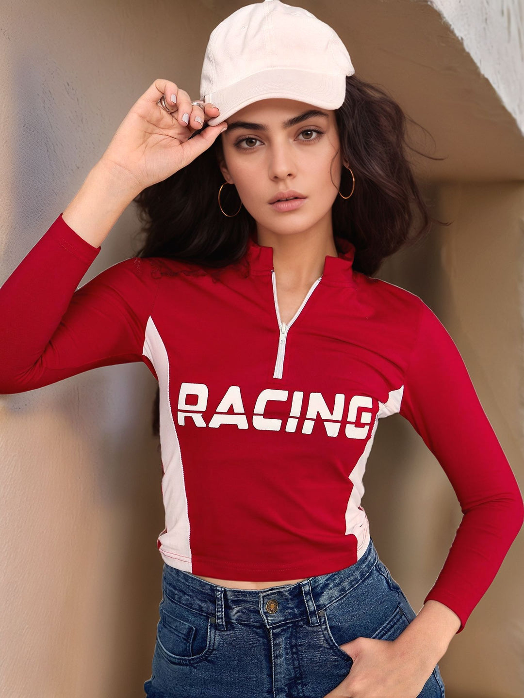 Red Full Sleeve Graphic Print Half Zip Top