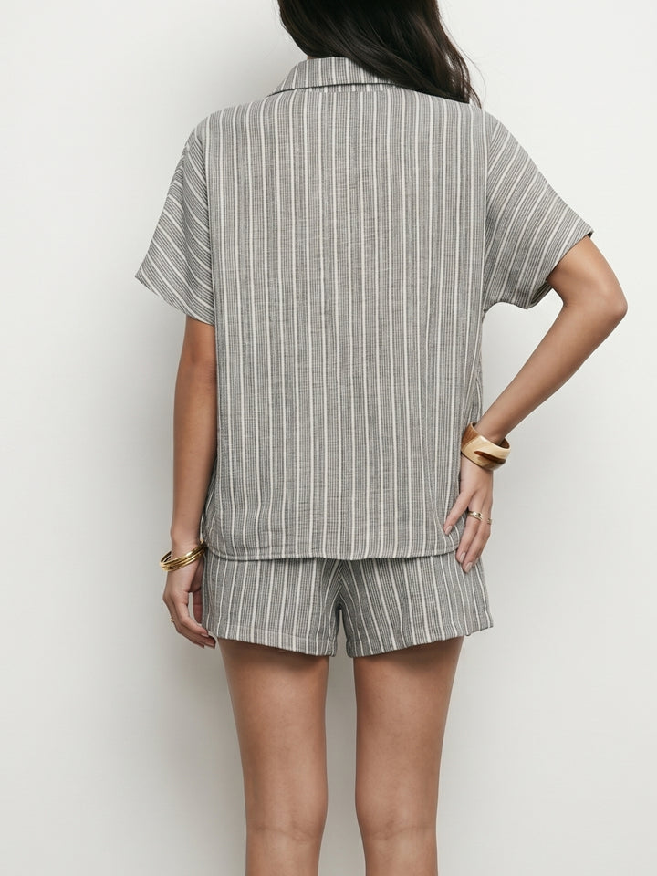 Grey Button Down Striped Shirt And Shorts Co-Ord Set
