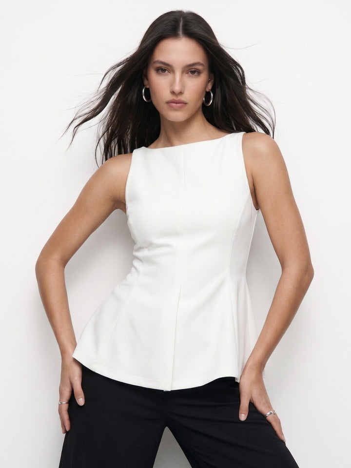 White High Boat Neck Top With Back Bow Detail