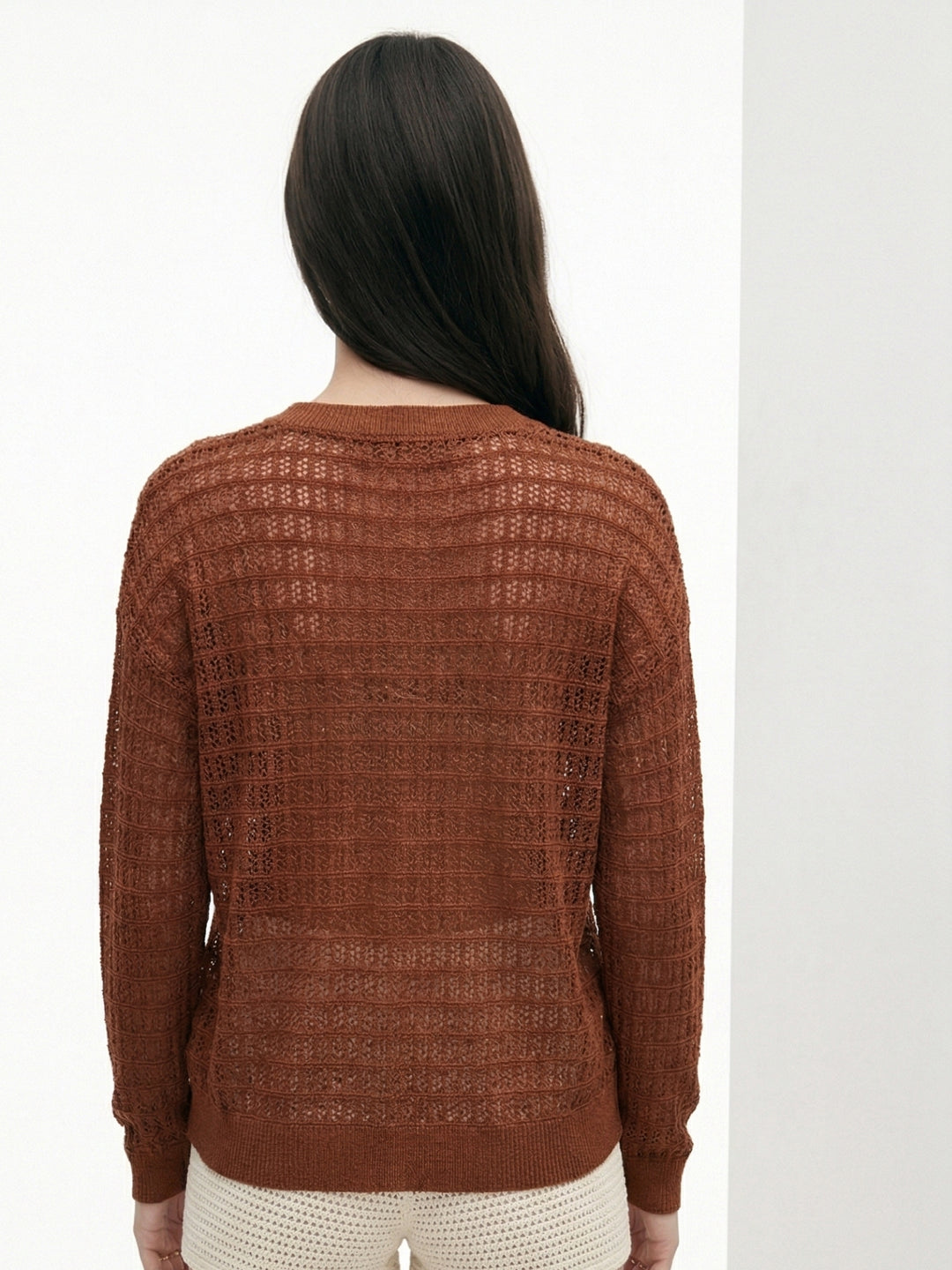 Brown Textured Knit Crew Neck Top