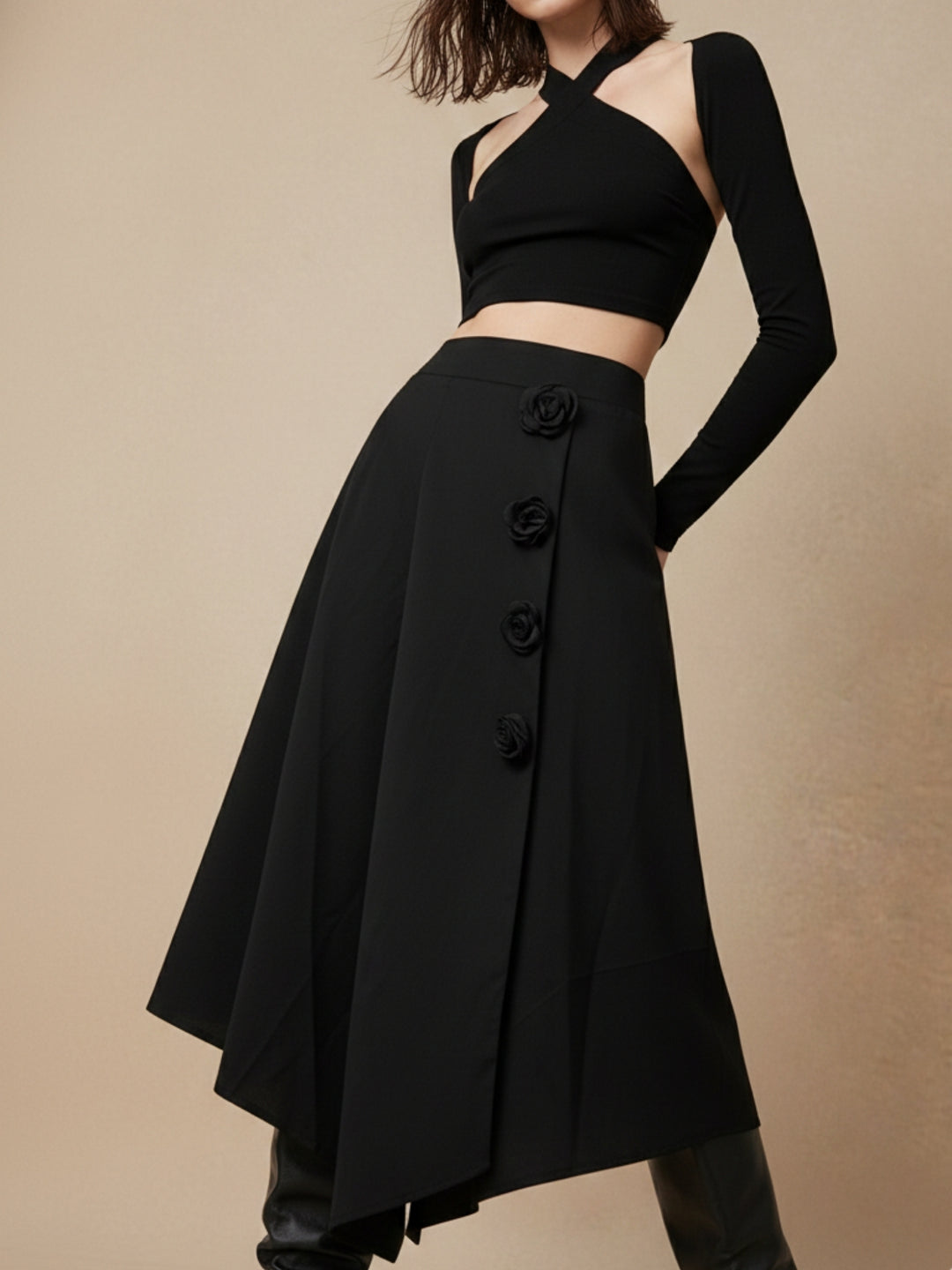 Black High Waist Floral Trimmed Skirt