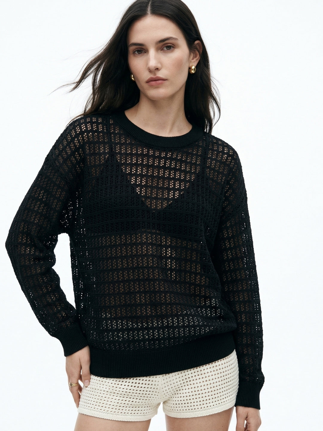 Black Textured Knit Crew Neck Top