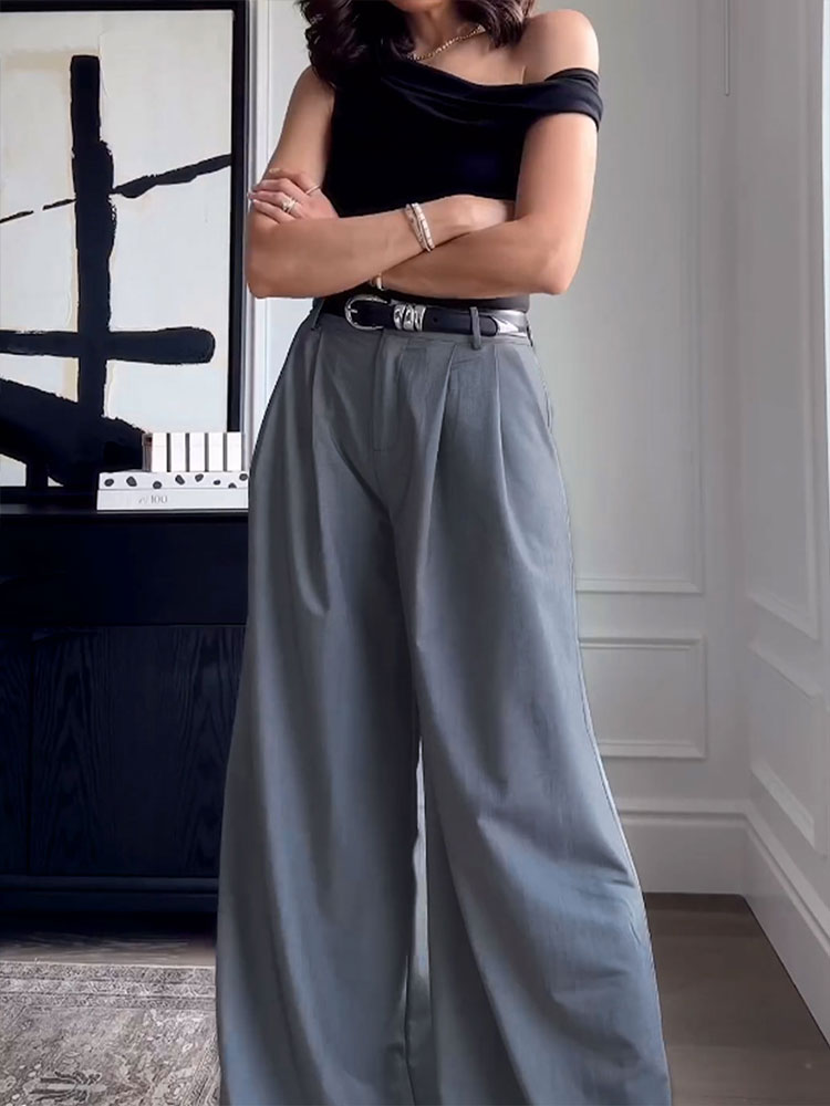 Grey Front Pleated Wide Leg Trouser