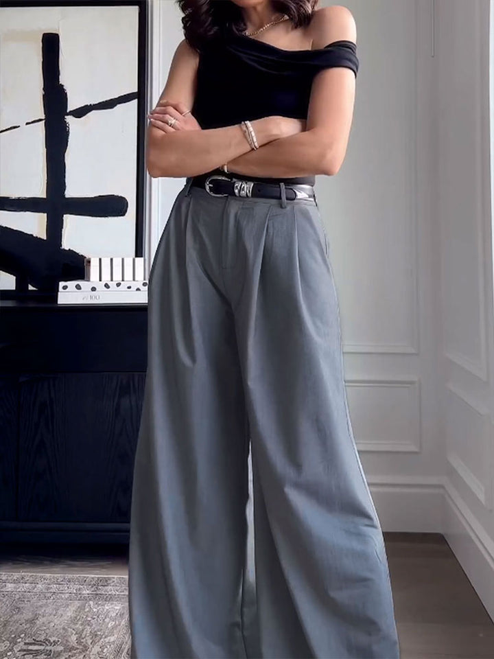 Grey Front Pleated Wide Leg Trouser