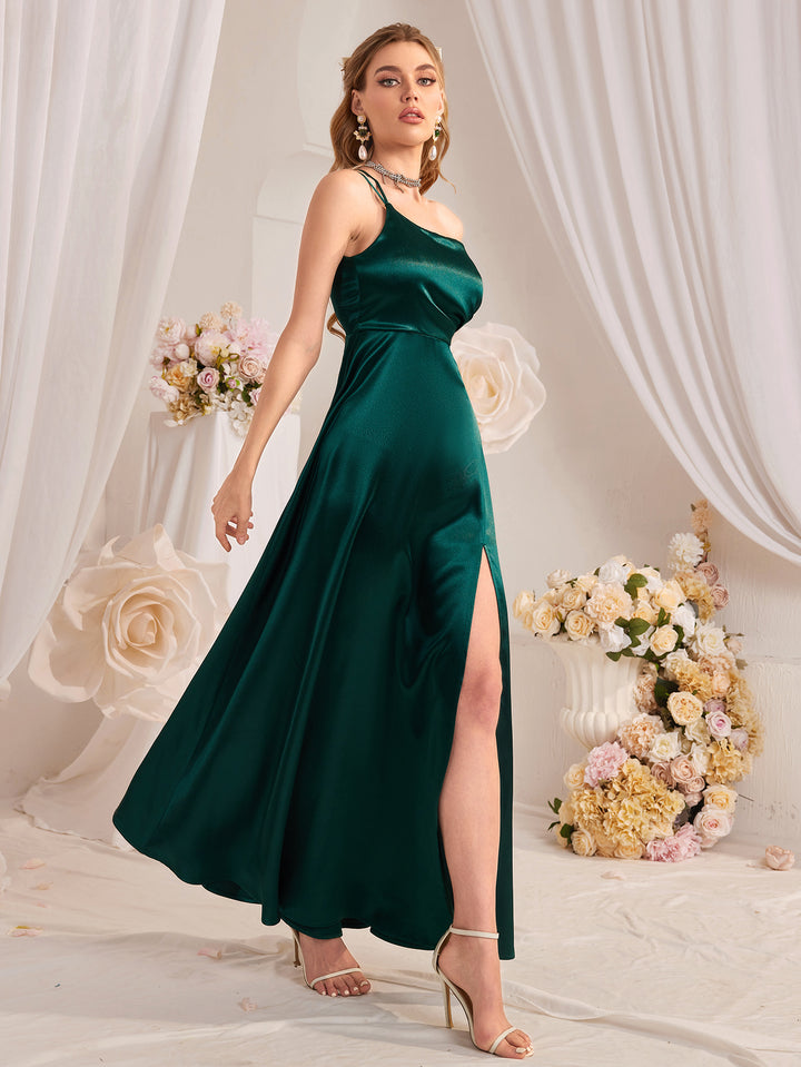 Dark Green One Shoulder Side Slit Dress